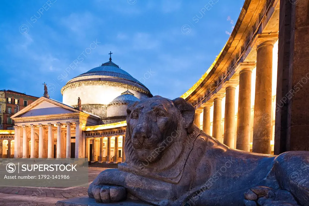 Italy, Campania, Naples, Piazza del Plebiscito, a piazza dating from the 19th century with a doric semicircular auditorium and its Basilica di San Fra...