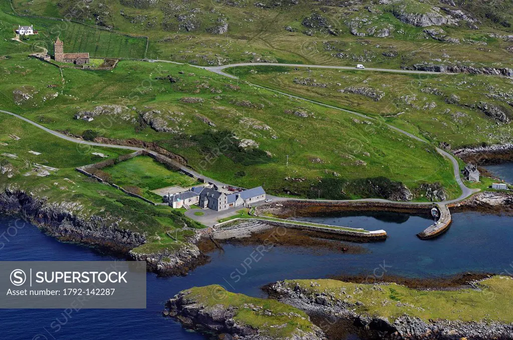 United Kingdom, Scotland, Outer Hebrides, Lewis and Harris Island, South Harris, Rodel, medieval church and small harbor aerial view