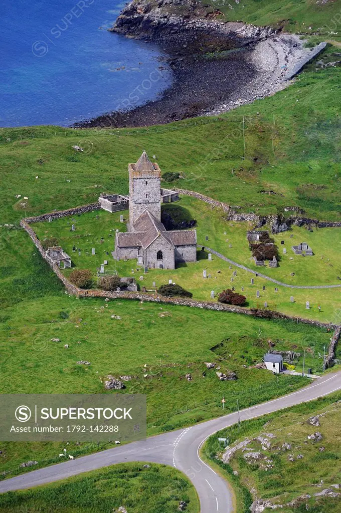 United Kingdom, Scotland, Outer Hebrides, Lewis and Harris Island, South Harris, Rodel, medieval church and small harbor aerial view