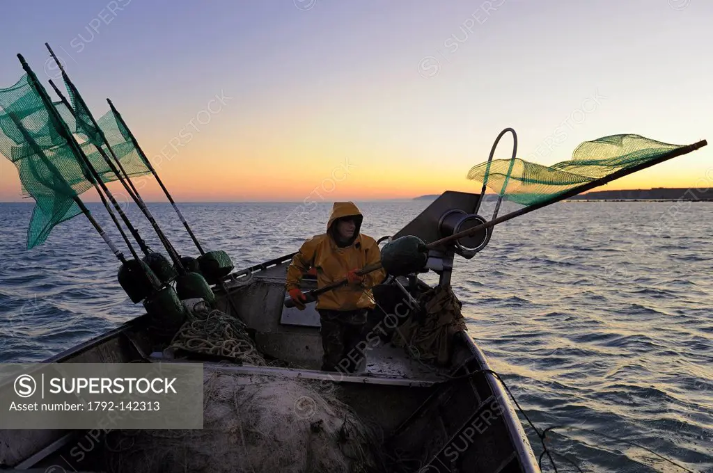France, Seine Maritime, off the coast of Veules les Roses at dawn, net fishing on the boat La Pomme owned by Anthony Paumier the youngest skipper in F...
