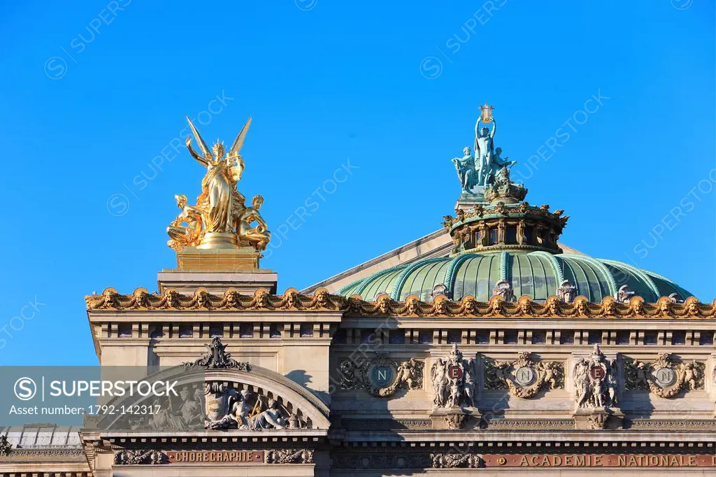 France, Paris, Opera Garnier, facade and rooftop, sculptures by Charles_Alphonse_Achille Gumery representing Harmony left and Aime Millet representing...