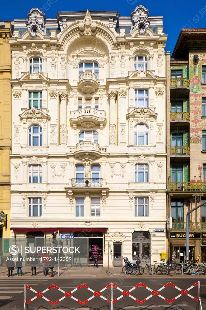 Austria, Vienna, Linke Wienzeile, bourgeois apartment_building next to the Majolica House built by Otto Wagner on the right