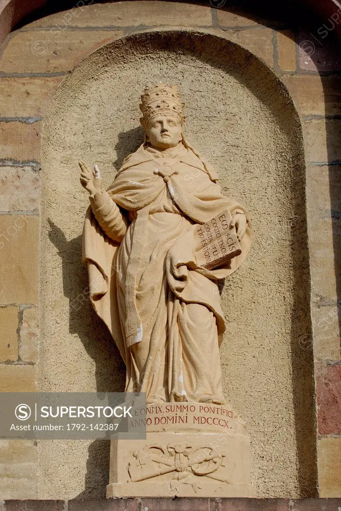 France, Haut Rhin, Colmar, labeled The Most Beautiful Villages of France, church, statue of Pope Leo IX, a native of the village