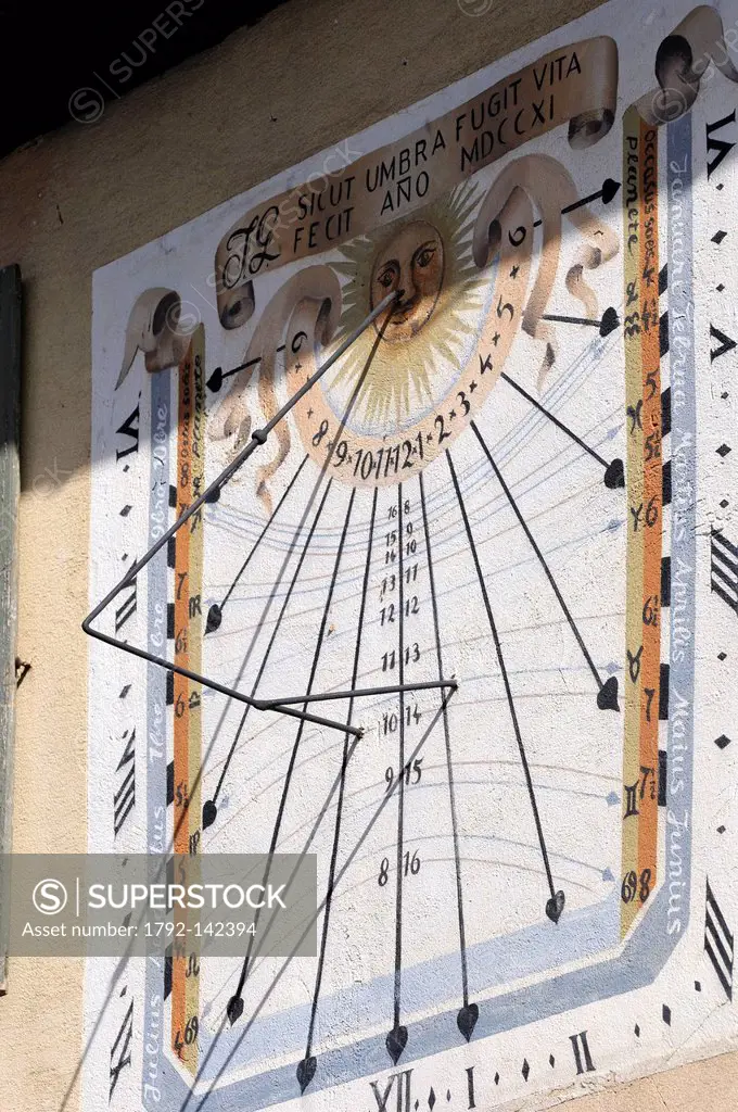 France, Haut Rhin, Bergheim, High Street, sundial dating from 1711, translation of the Latin quotation, life flees like a shadow