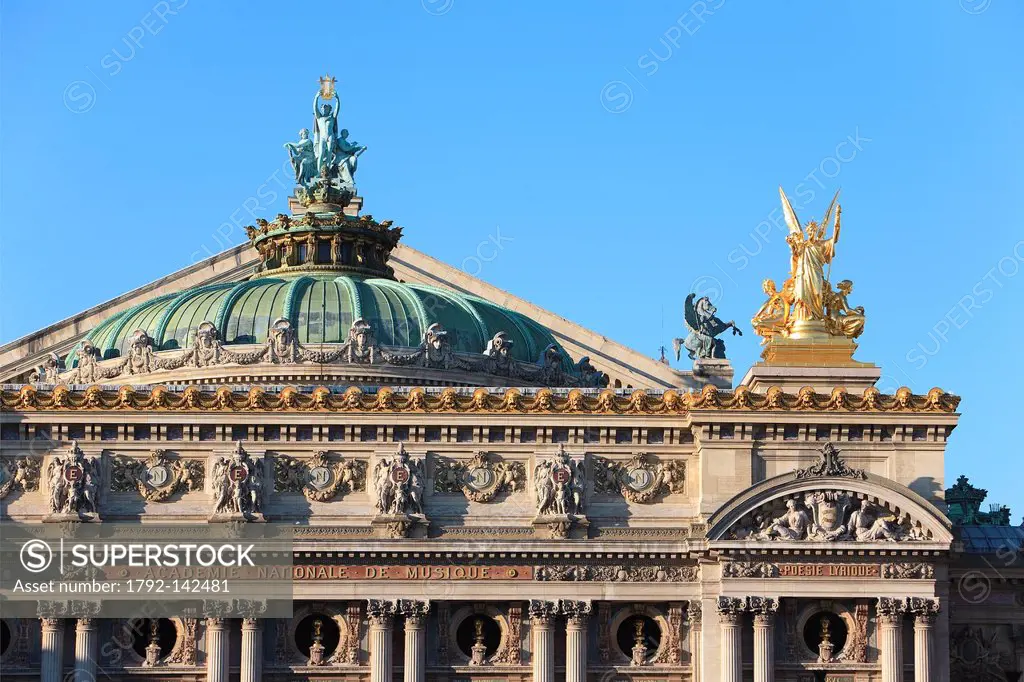 France, Paris, Opera Garnier, detail of the main facade and the rooftop, sculpture by Aime Millet, Apollon, la Musique, la Poesie rooftop and Charles ...