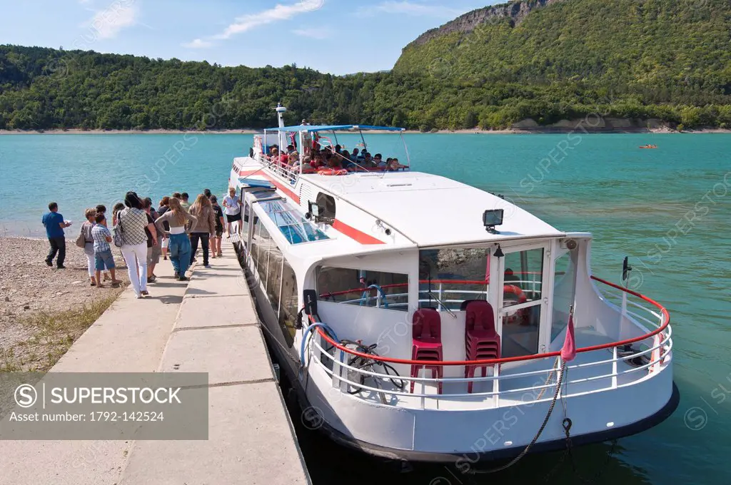 France, Isere, Monteynard Avignonet lake, cruise on the lake with the boat La Mira