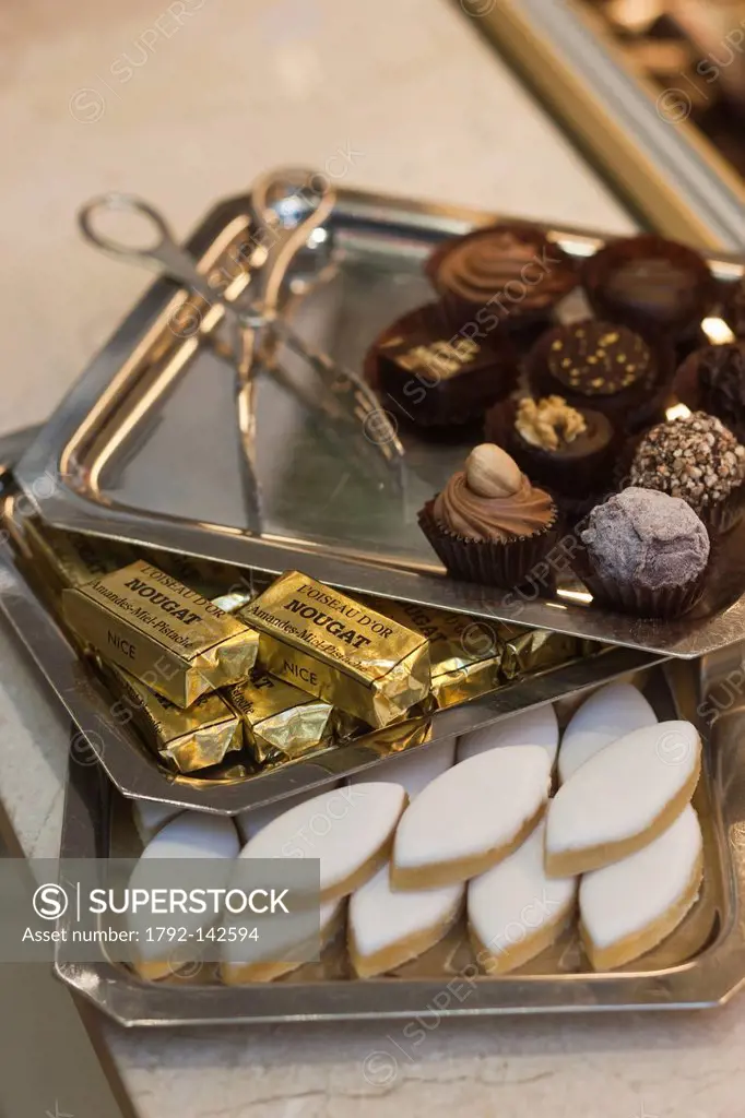 France, Alpes Maritimes, Nice, Chocolates, Nougat and Calissons Phillipe Cornet Confectioner Chocolatier, L´Oiseau d´Or