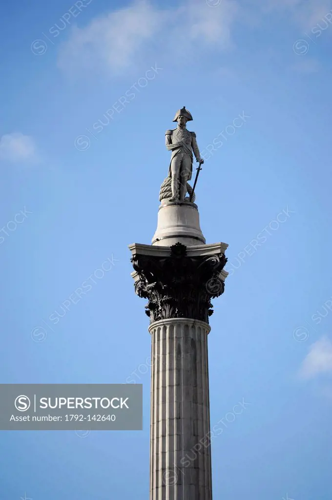 United Kingdom, London, Trafalgar Square, Nelson´s Column, Statue of Lord Horatio Nelson winner of the Battle of Trafalgar