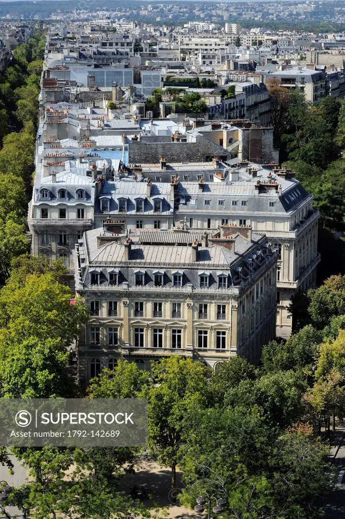 France, Paris, Haussmann type building on the corner of Foch and Victor Hugo avenue seen from the top of the Triumphal Arch
