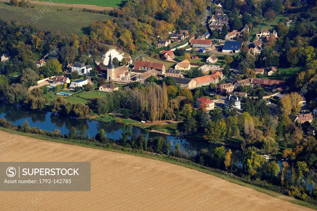 France, Eure, the Connelles village on the edge of an arm of the Seine river aerial view