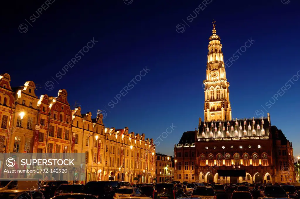 France, Pas de Calais, Arras, Place des Heros, Town Hall of Arras at night topped with its 77 meters belfry listed as World Heritage by UNESCO