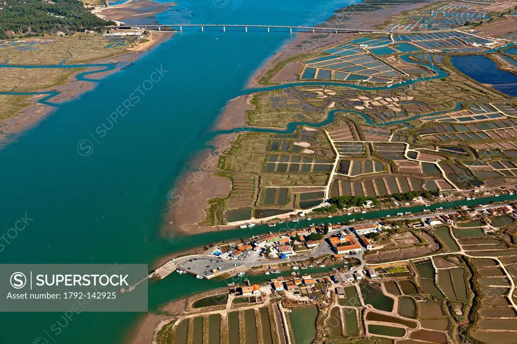 France, Charente Maritime, Marennes, la Cayenne harbour and the Seudre estuary aerial view