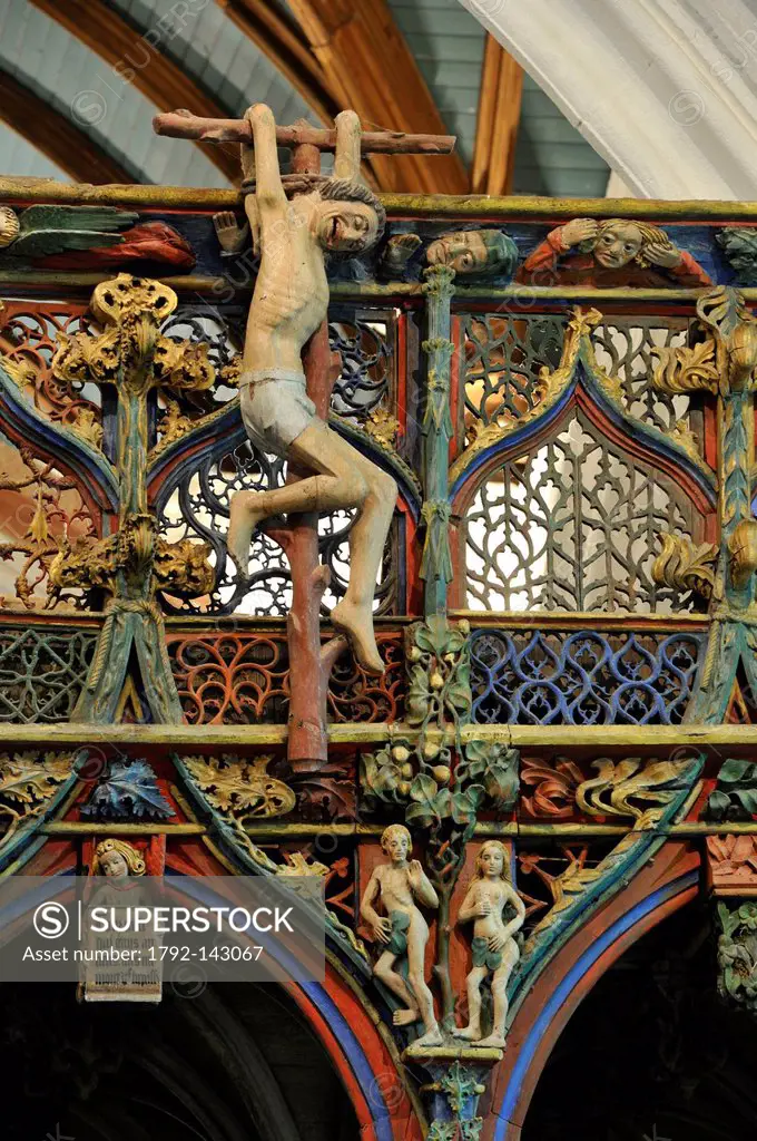 France, Morbihan, stop on the Way of St James, Le Faouet, St Fiacre chapel 15th century, polychromatic wooden jubee, seen as one of the most beautiful...