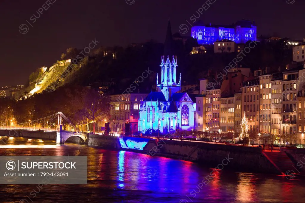 France, Rhne, Lyon, historic site classified World Heritage by UNESCO, the gateway and the Church of St. George on the Sane dominated by the high scho...