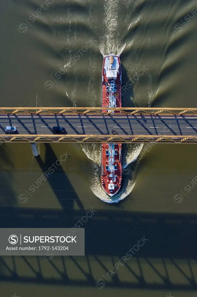 France, Eure, Courcelles sur Seine, Houseboat and bridge Courcelles aerial view