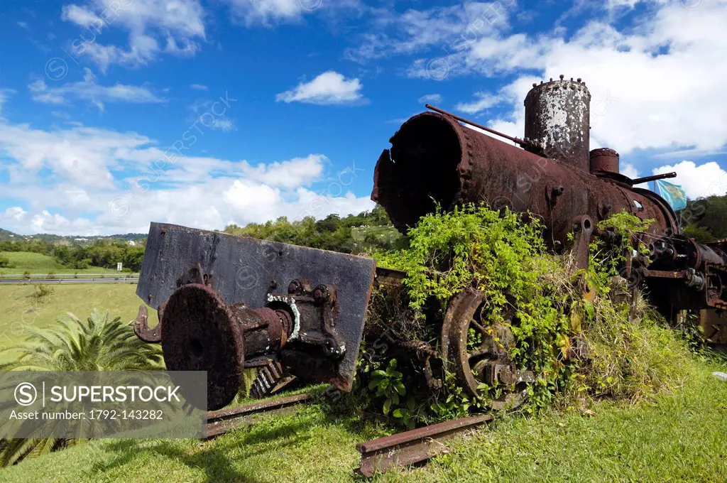 France, Martinique French West Indies, Sainte Luce, distillery of Trois Rivieres, old steam locomotive used to transport sugar cane