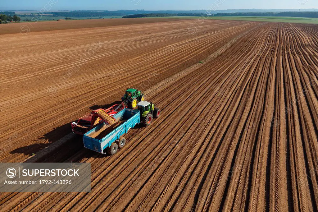 France, Eure, Villers, harvesting potatoes aerial view