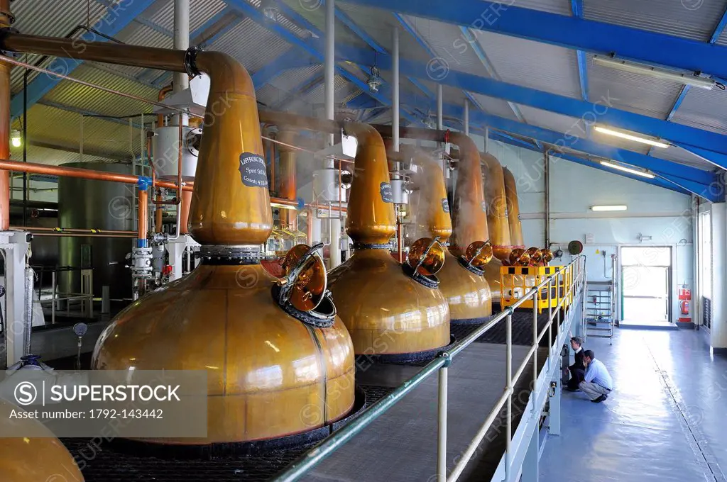 United Kingdom, Scotland, Inner Hebrides, Islay Island, Port Ellen, Laphroaig Scotch whisky distillery, Wash distillation in Pot Stills copper alambic...
