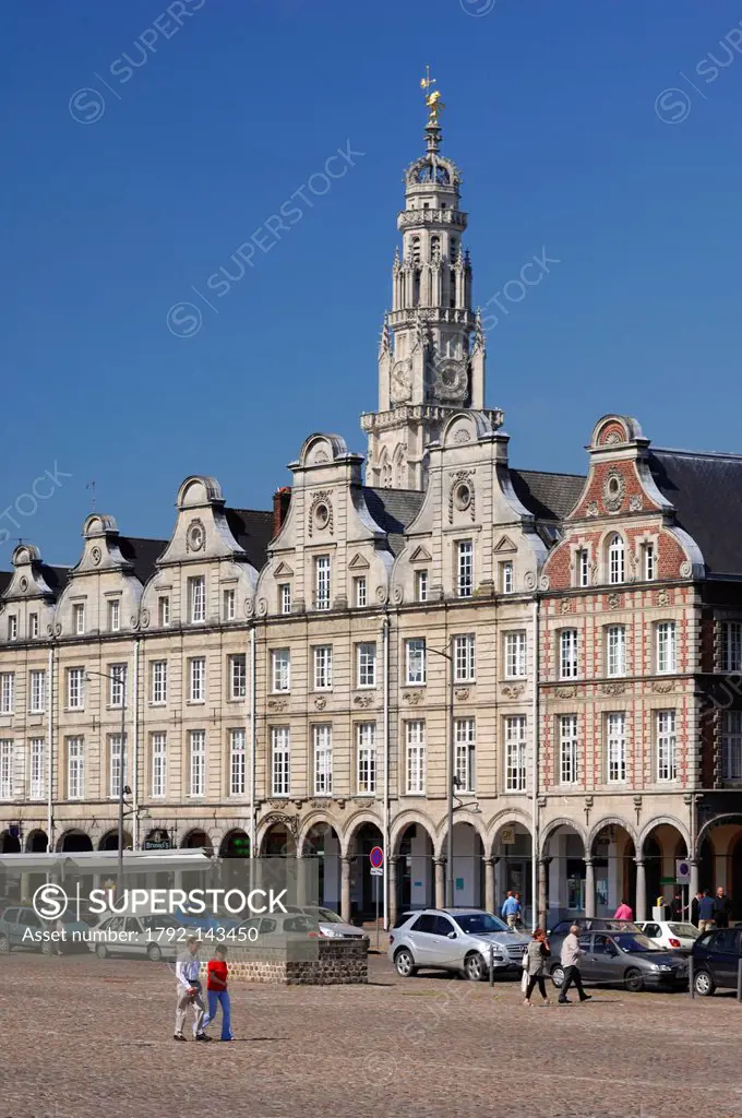 France, Pas de Calais, Arras, Grand Place, Belfry of the town hall over the typical houses of the Grand Place