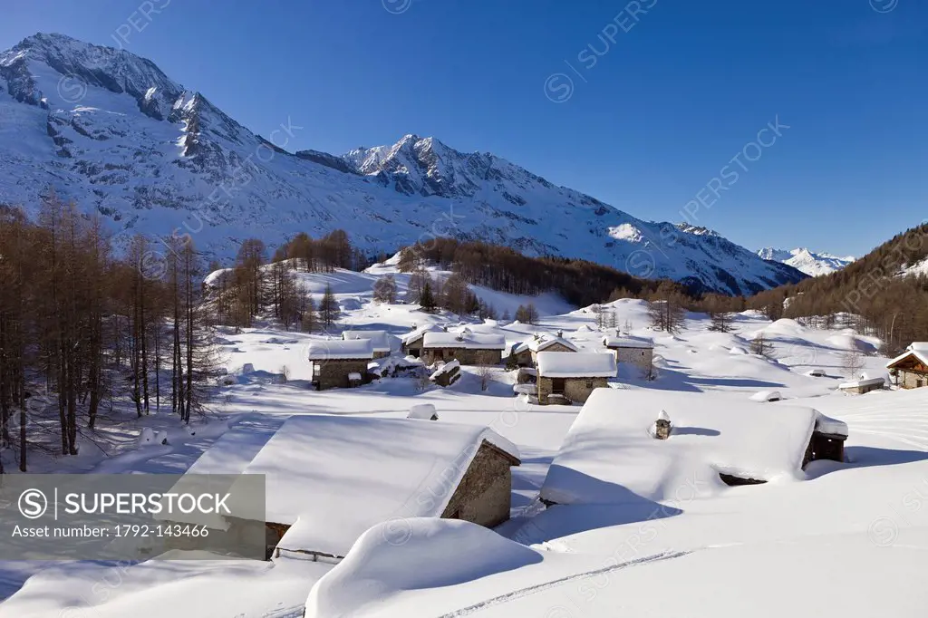 France, Savoie, Sainte Foy Tarentaise, the hamlet of high mountain pasture of Monal with view on Mont Pourri 3779m in the Parc National de la Vanoise