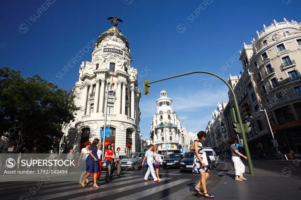 Spain, Madrid, the Metroplis Building by architect Jules and Raymond Fevrier at corner of the streets Calle de Alcala and Gran Via