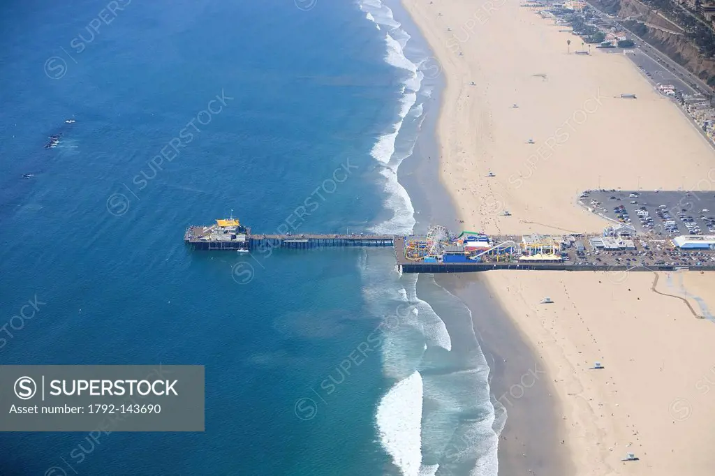 United States, California, Los Angeles, Santa Monica, the beach and Santa Monica Pier aerial view