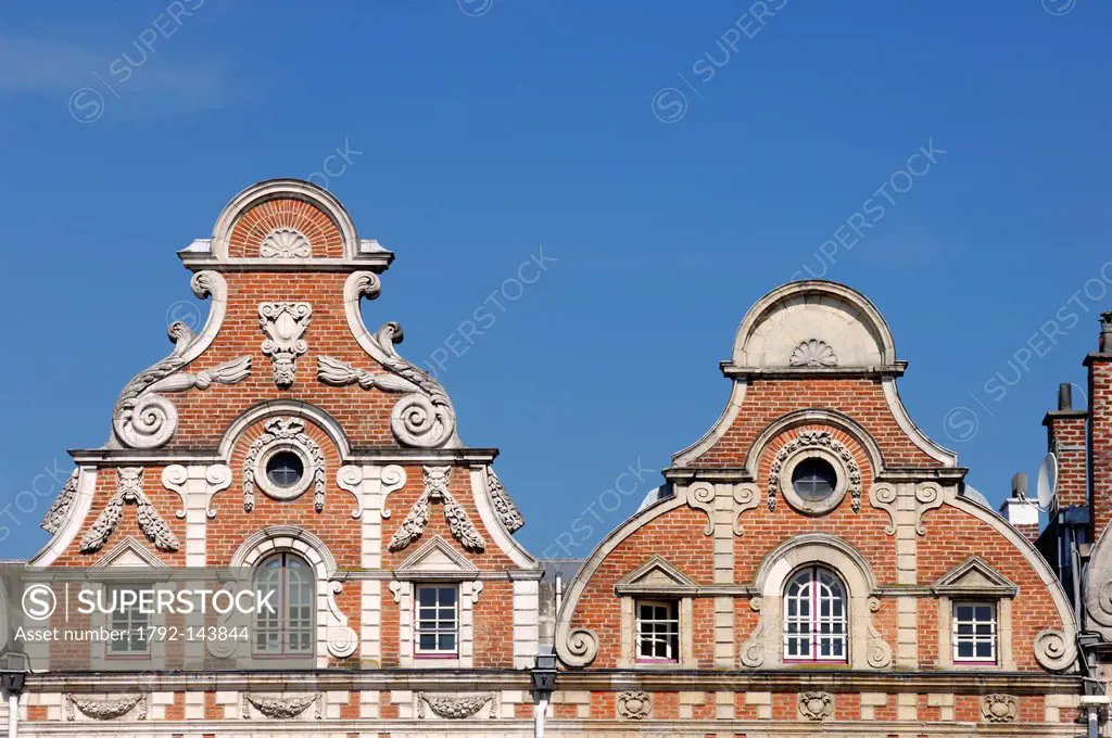 France, Pas de Calais, Arras, Grand Place, Flemish baroque style pediments of the typical houses of the grand place