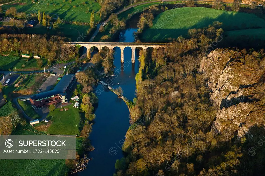 France, Calvados, Swiss Normandy, Orne valley, Clecy, bridge over the Orne river aerial view