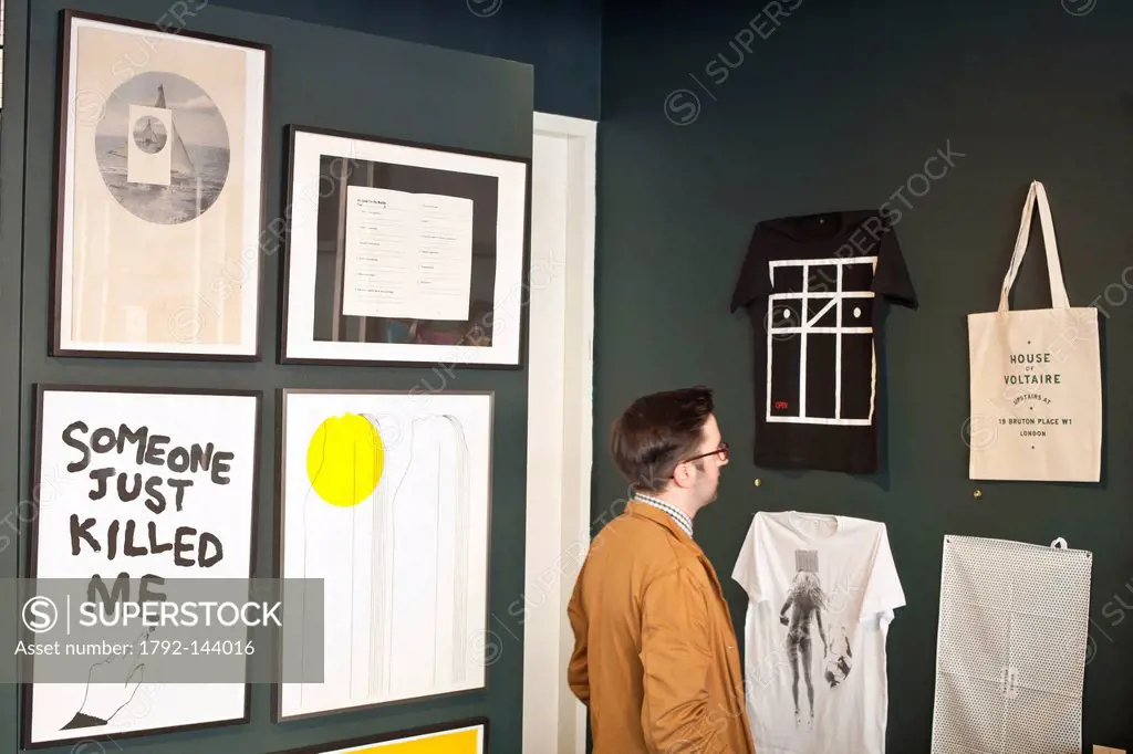 United Kingdom, London, Mayfair, pop up shop House of Voltaire selling artworks by young artists, design accessories, limited edition tee_shirts