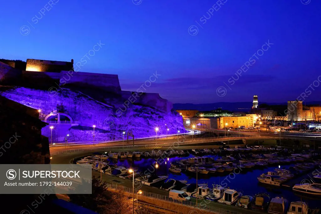 France, Bouches du Rhone, Marseille, 7th arrondissement, Fort St Nicolas of the 17th century and the graving dock in the background the Fort St. Jean