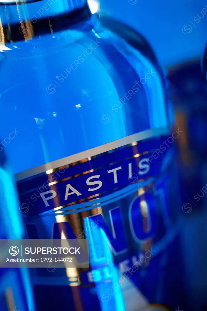 France, Bouches du Rhone, Aubagne, distillery of the Pastis Bleu Janot typical aniseed_flavoured alcohol, here colored in blue