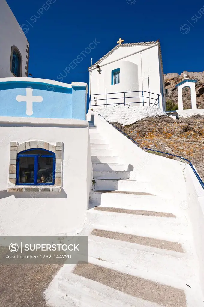 Greece, Lemnos Island, Myrina, capital town and main harbour of the island, the church Agia Paraskevi at the bottom of the Byzantine kastro