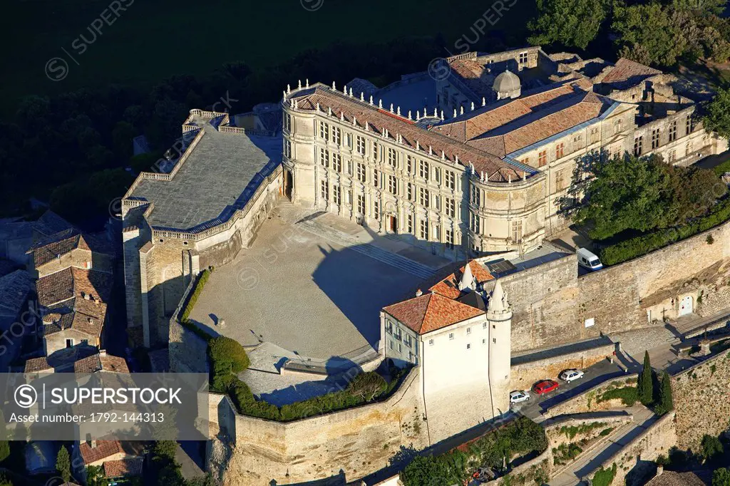 France, Drome, Drome Provencale, Grignan, castle where Madame de Sevigne lived aerial view