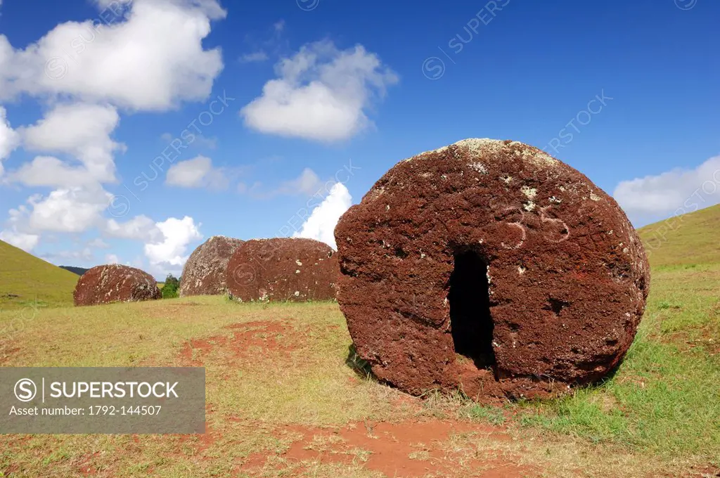 Chile, Easter Island Rapa Nui, site listed as World Heritage by UNESCO, Puna Pau, a pukao, red hat ornament of the Moai statues on the site of the qua...