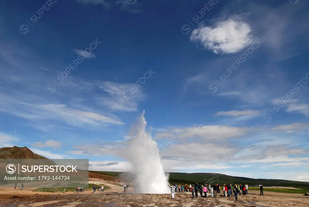 Iceland, Sudurland Region, valley of Haukadalur, site of Geysir, the geyser Strokkur