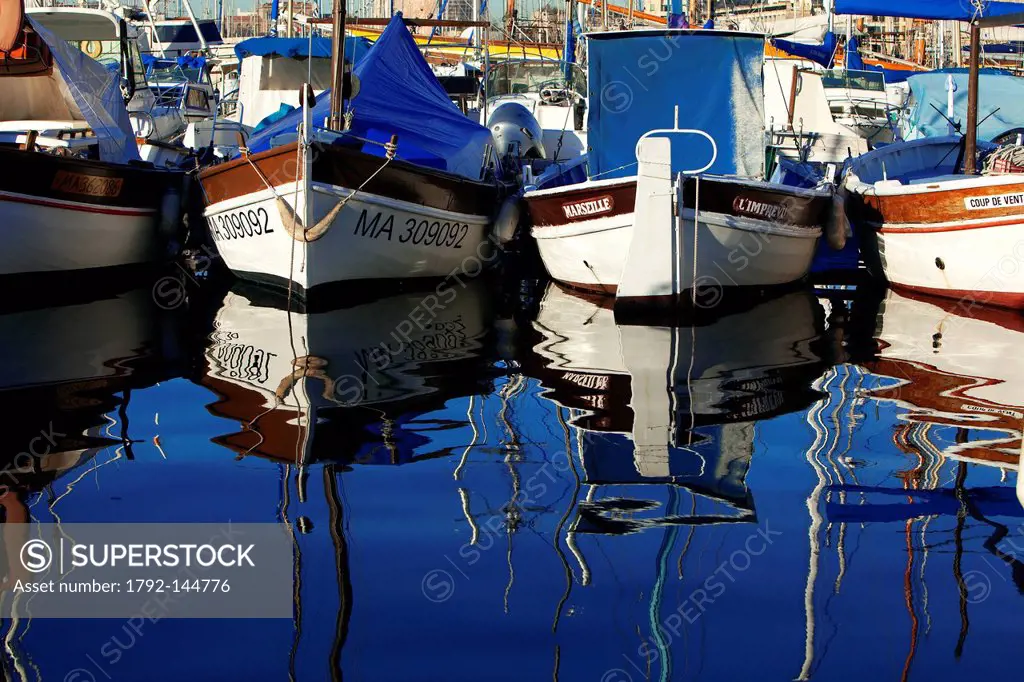 France, Bouches du Rhone, Marseille, Vieux Port, pointu boats traditional Mediterranean boats
