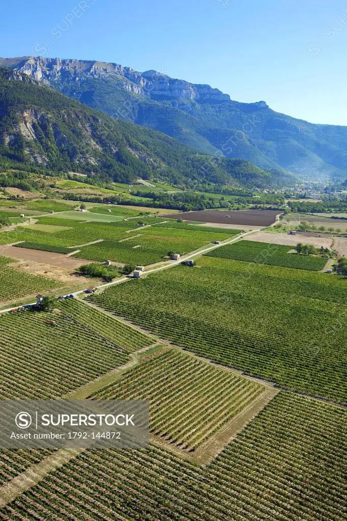 France, Drome, Drome Provencale, Chatillon en Diois, vineyards and Glandasse Mountain aerial view