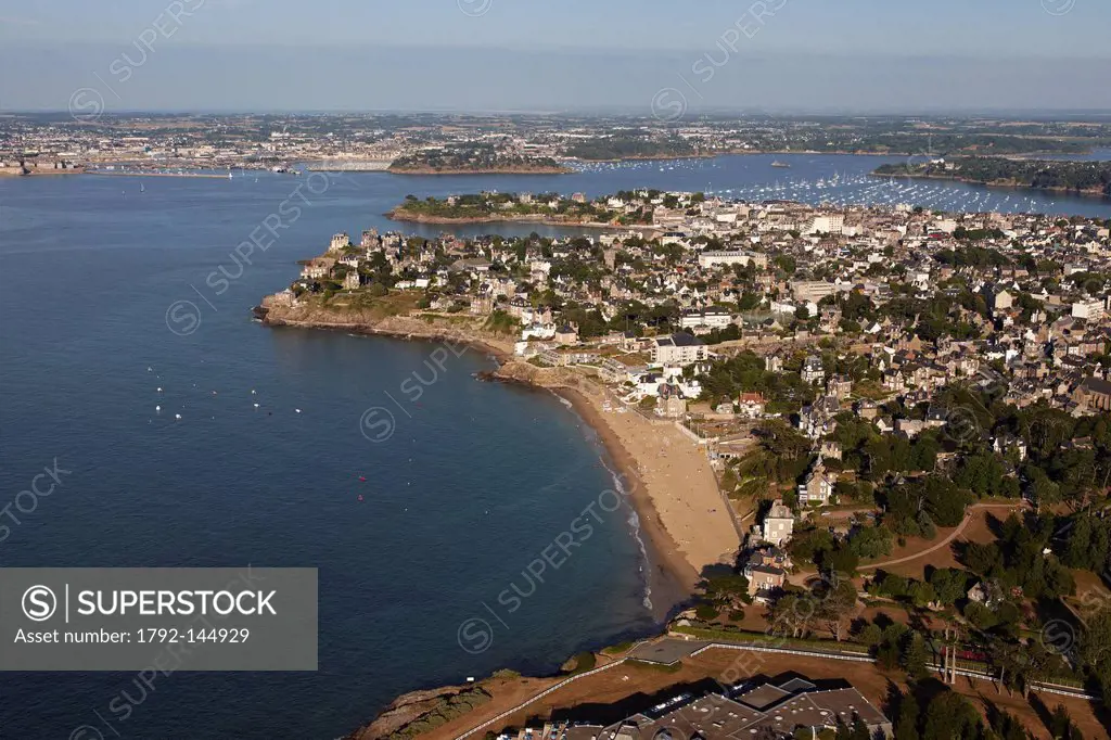 France, Ille et Vilaine, Cote d´Emeraude Emerald Coast, Dinard, St Enogat Beach, Pointe de la Malouine aerial view