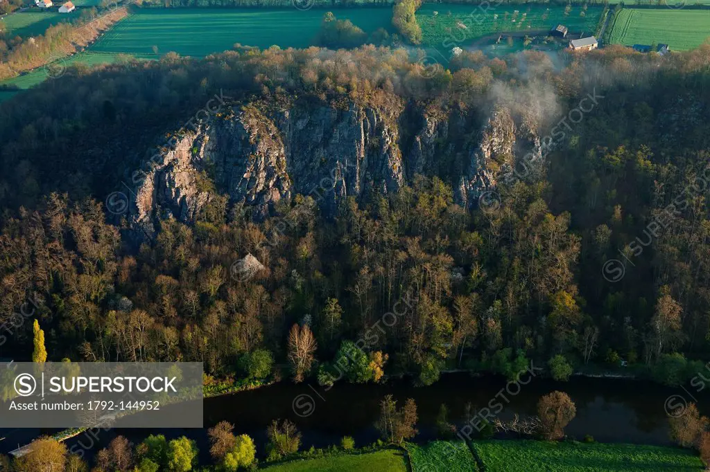 France, Calvados, Swiss Normandy, Orne valley, Le Vey, Rochers des Parcs, rock climbing aerial view