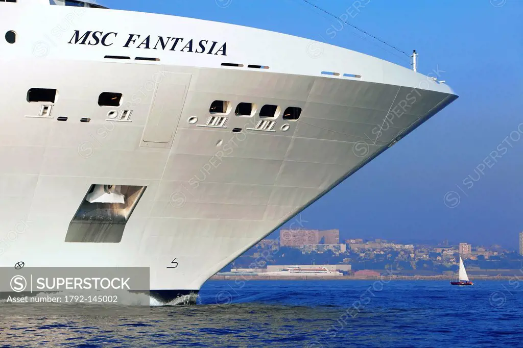 France, Bouches du Rhone, Marseille, departure of MSC Fantasia cruise ship