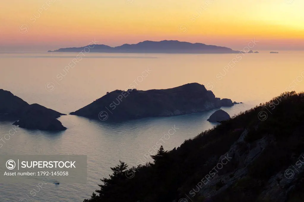 South Korea, South Jeolla Province, Heuksando, fishing boat and sunset