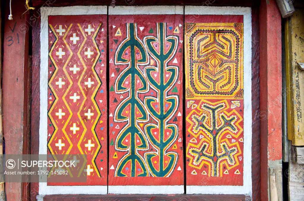 Panama, San Blas archipelago, Kuna Yala autonomous territory, Carti island, wood panel painted with Kuna pattern