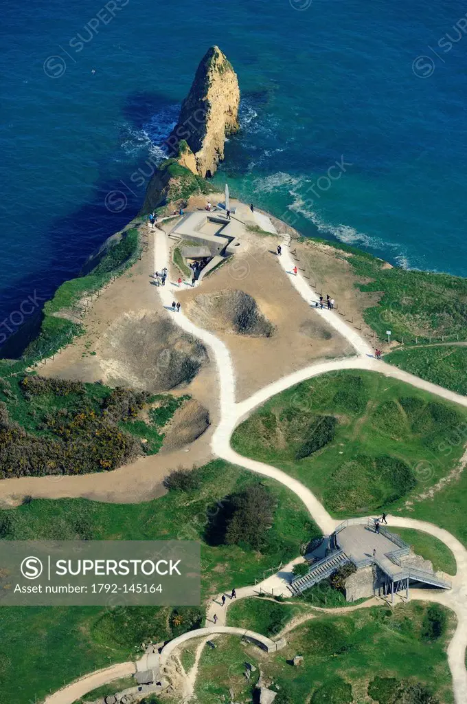 France, Calvados, Pointe du Hoc with bomb holes made by the Normandy landings of June 6 1944 during the Second World War aerial view