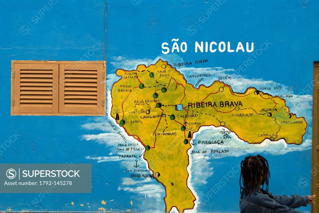 Cape Verde, Sal island, Palmeira, mural representing the island of Sao Nicolau