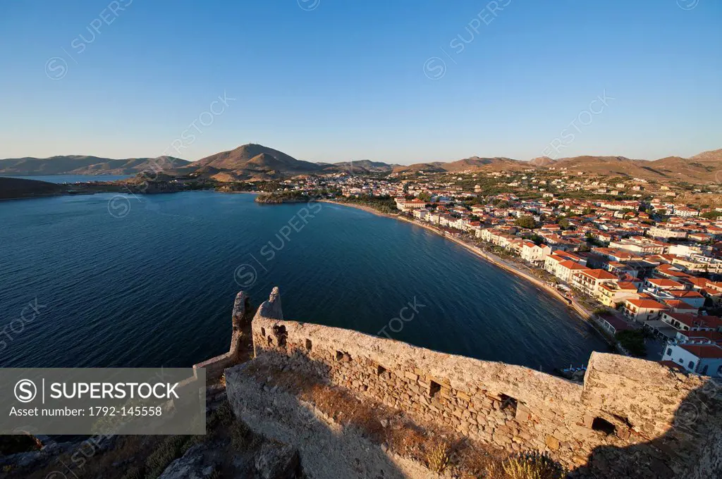 Greece, Lemnos Island, Myrina, capital town and main harbour of the island, Romeikos Gialos beach and the North Bay from the Byzantine kastro of the 1...