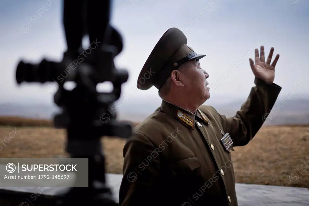 North Korea, North Hwanghae province, Panbu, DMZ observation post, North Korean military officer in charge of an outpost in the DMZ