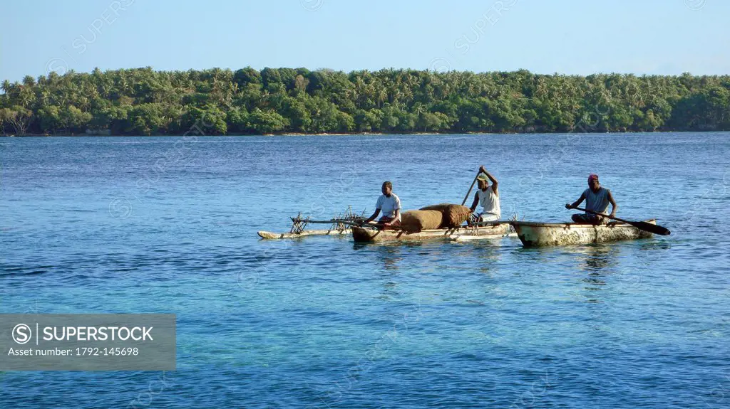 Vanuatu, Malampa Province, Malekula Island, Rano Island, dugout canoe arriving on the island
