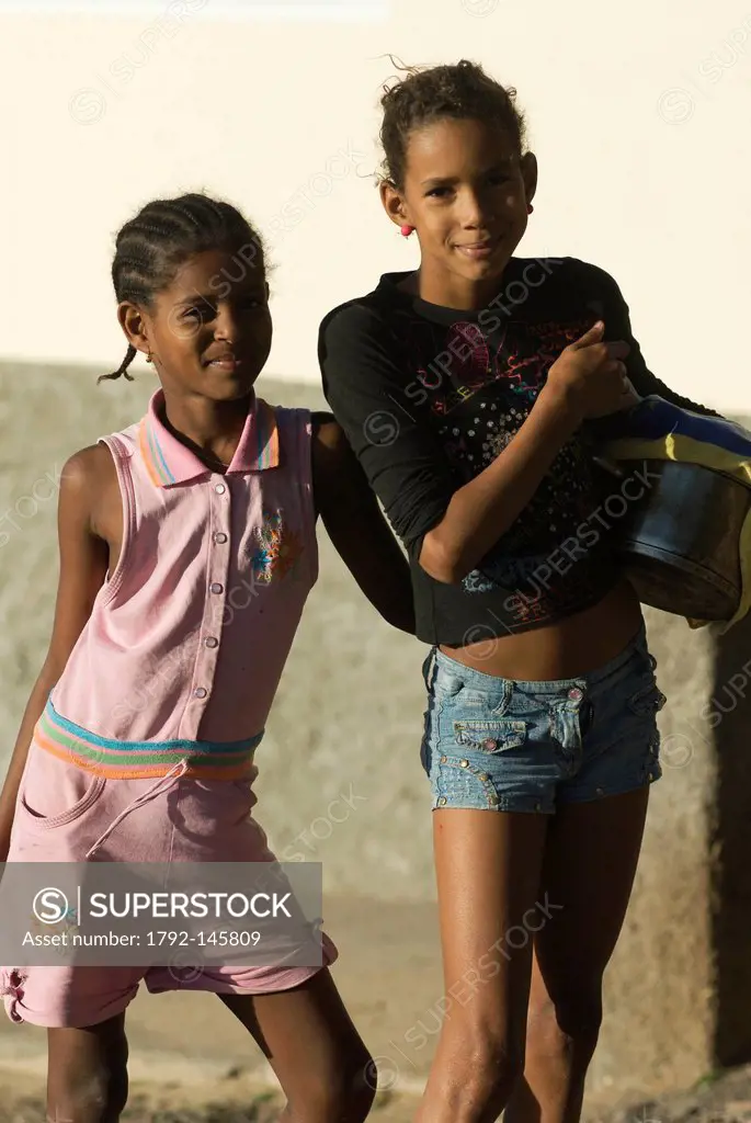 Cape Verde, Sao Vicente island, Sao Pedro, portrait of two girls