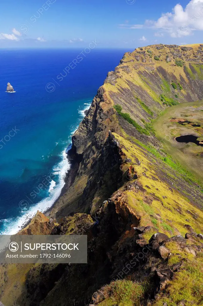 Chile, Easter Island Rapa Nui, site listed as World Heritage by UNESCO, Orongo, the edge of the crater of the Rano Kau volcano overlooking the islets ...