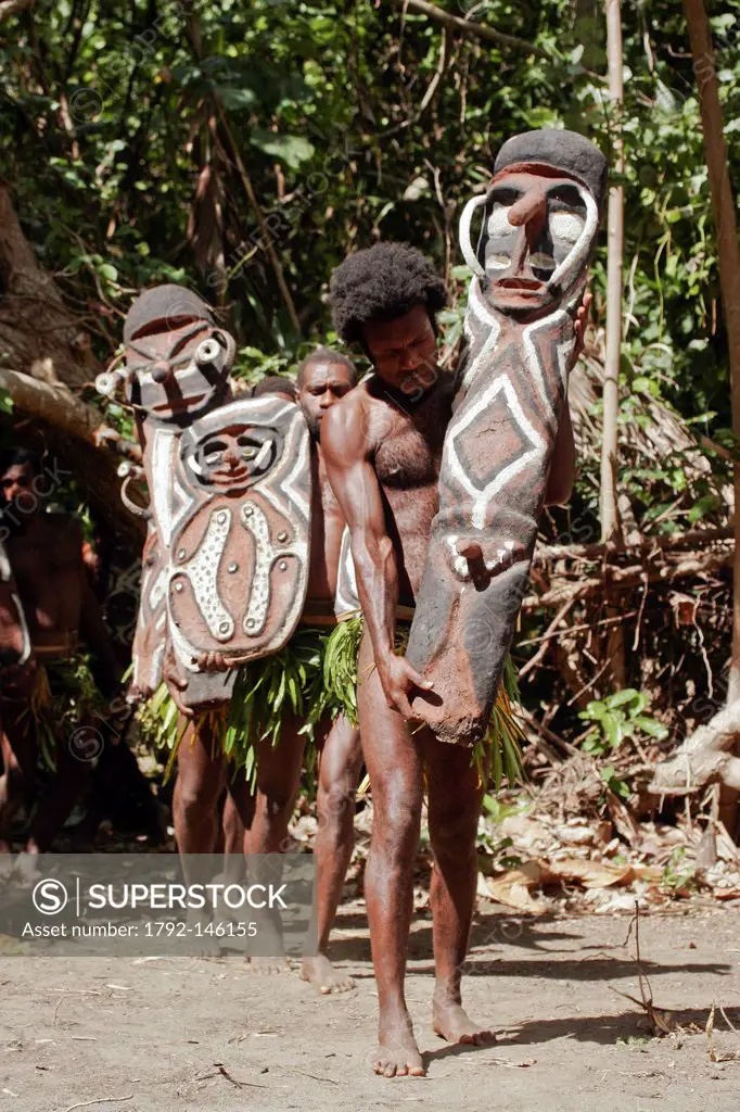 Vanuatu, Malampa Province, Malekula Island, Lamap, men in traditional dress performing a Small Nambas funerary ritual